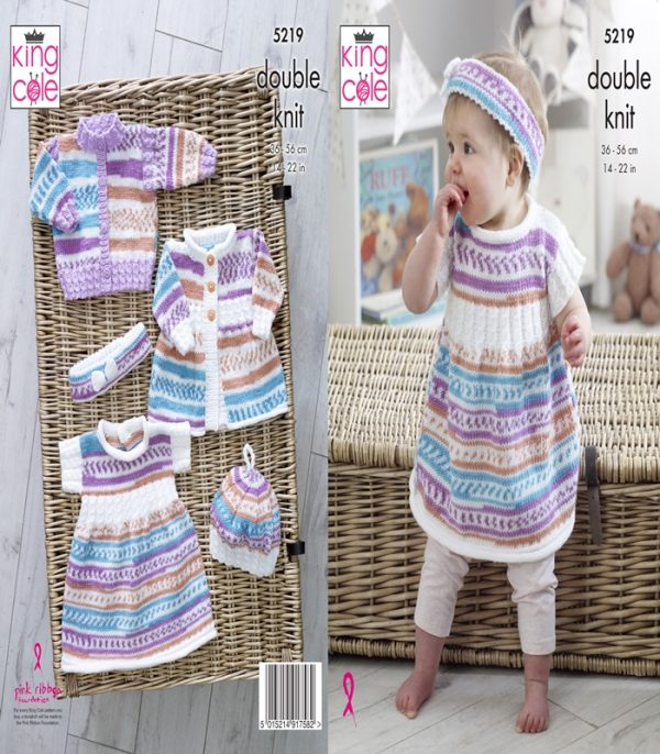 Pattern 5219 Baby Cardigan, Dress, Coat, Beret & Headband Knitted in Cherish & Cherished DK - Image 2